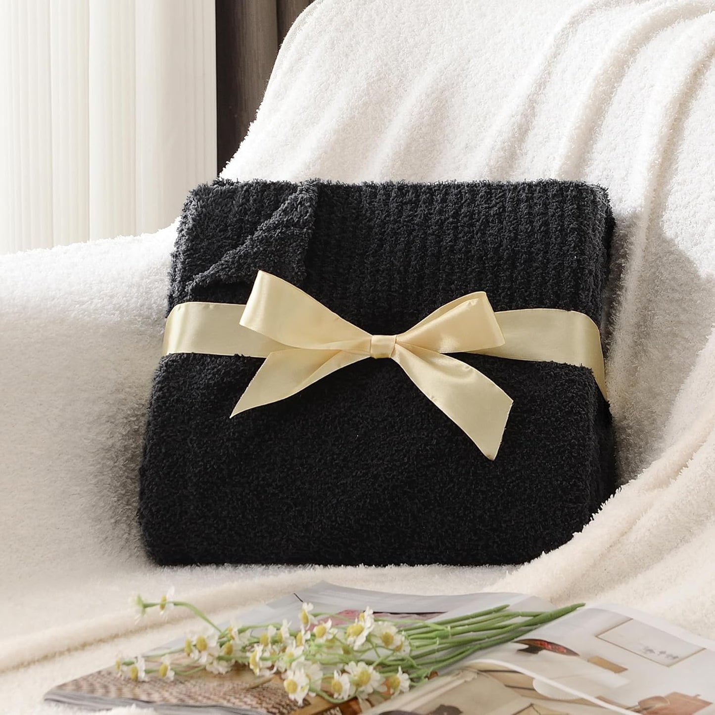 JOOJA Knitted Dark Grey Black Throw Size Blanket Polyester Soft Fleece Blanket for Couch Bed Sofa 50x60 Inches Charcoal Gray