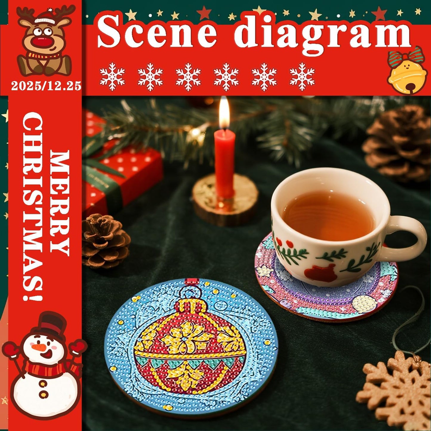 DOTSOPS 8 Pcs Diamond Art Kits for Adults Small Diamond Art Coasters with Holder,Diamond Art Painting Coasters for Adults Beginners Diamond Craft for Christmas Birthday (Christmas Ornaments)