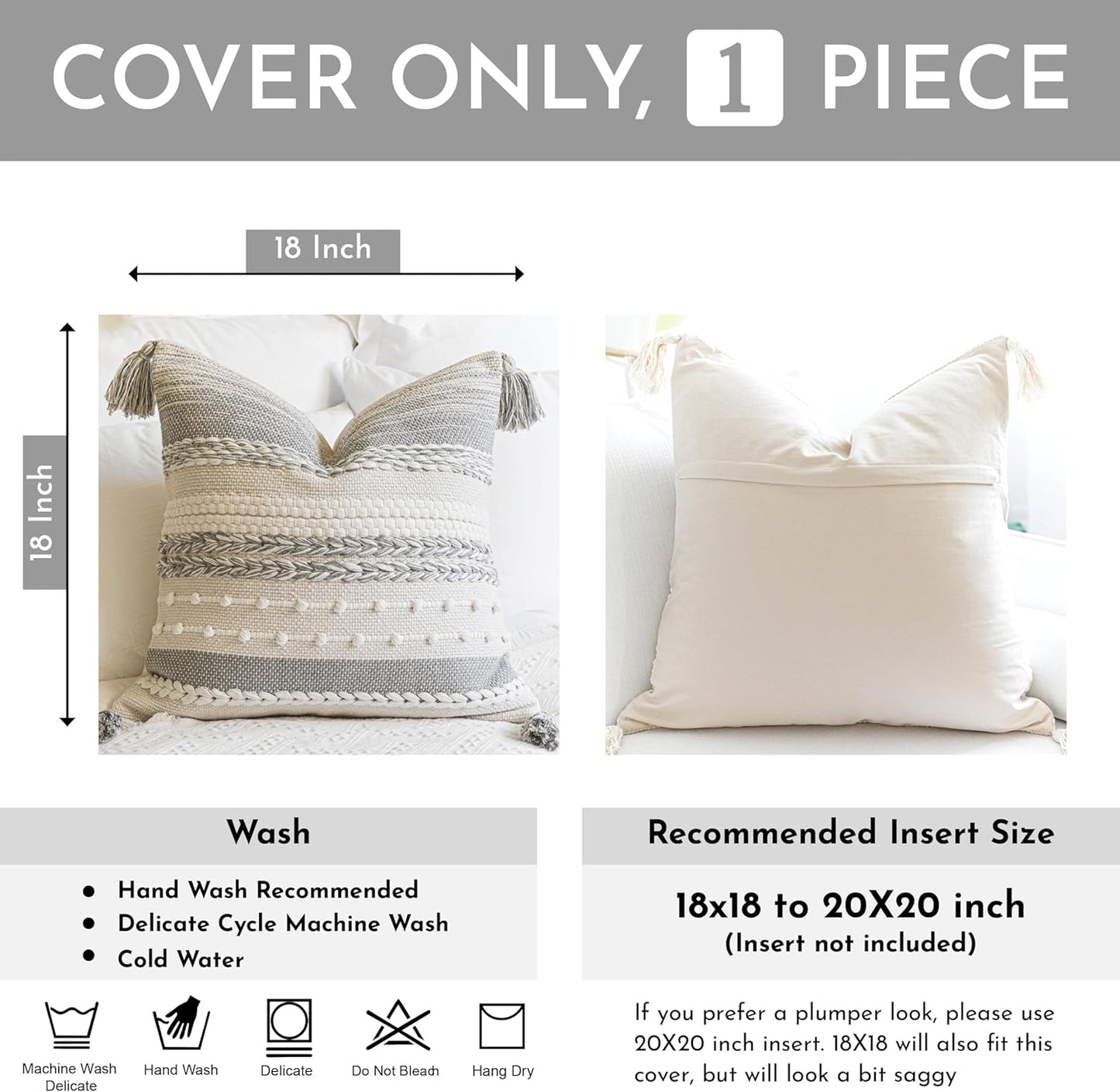 BlissBlush Gray Boho Decorative Throw Pillow Cover 18x18 Square Farmhouse Accent Cushion for Couch Sofa Livingroom Bedroom Pillowcase Modern Home Décor (Pack of 1)