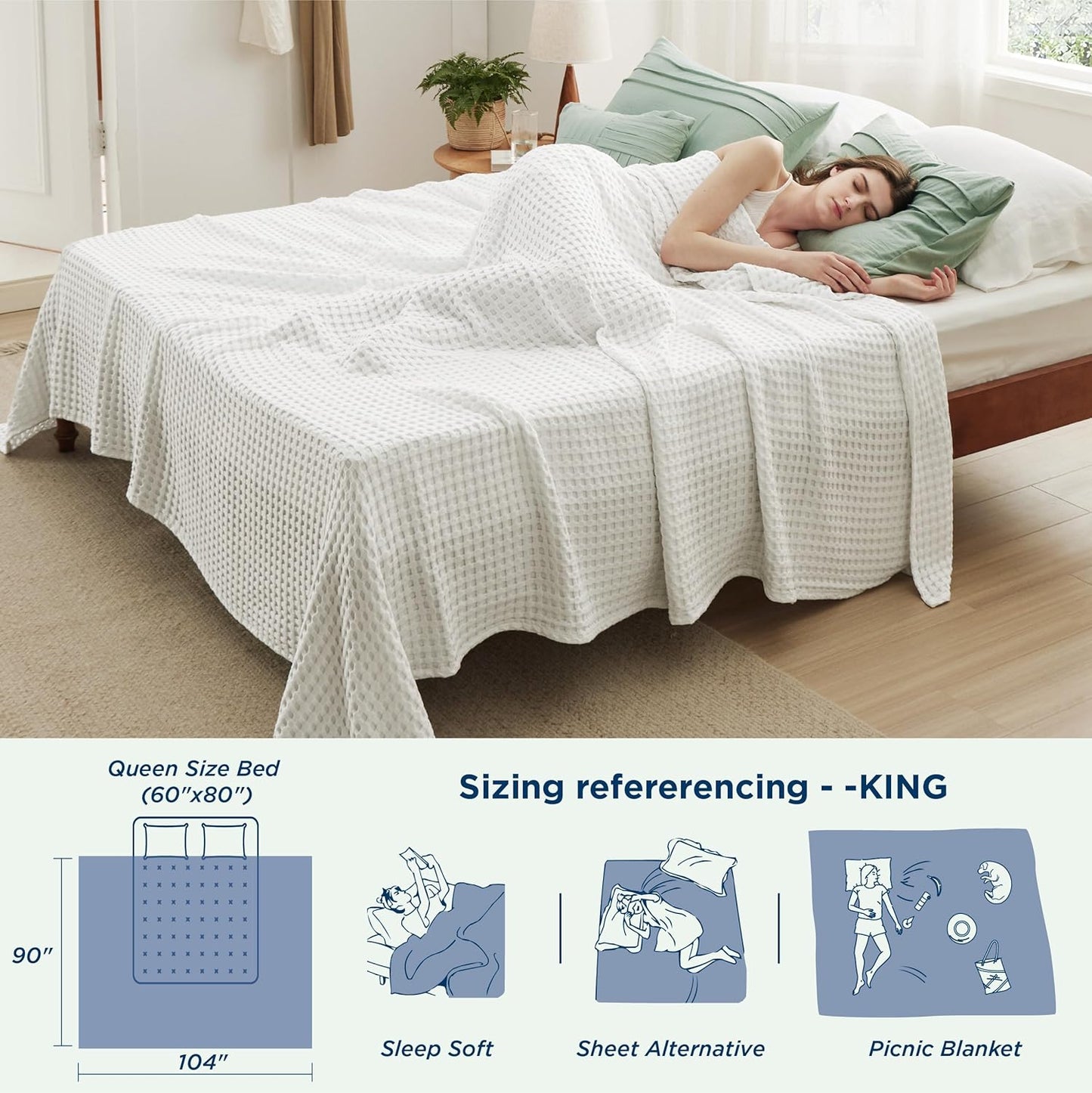 Bedsure Cooling Cotton Waffle King Size Blanket - Lightweight Summer Blanket of Rayon Derived from Bamboo for Hot Sleepers, Luxury Throws for Bed, Couch and Sofa, Forest Green, 104x90 Inches