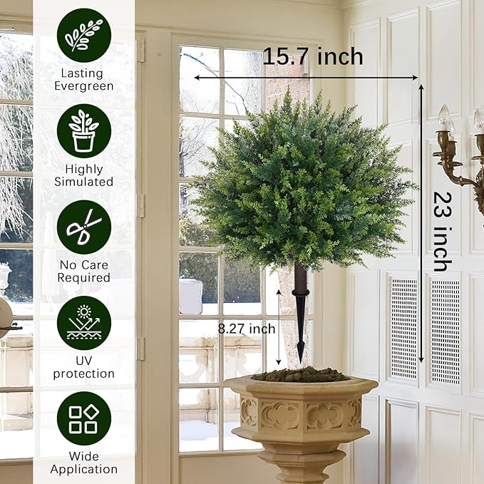 Waipfaru Artificial Plants Outdoor, 23'' Artificial Cedar Topiary with Ground Spike, UV-Resistant Fake Plants Fake Bushes for Christmas Outdoor Indoor Garden Front Porch Decor (4Pcs)