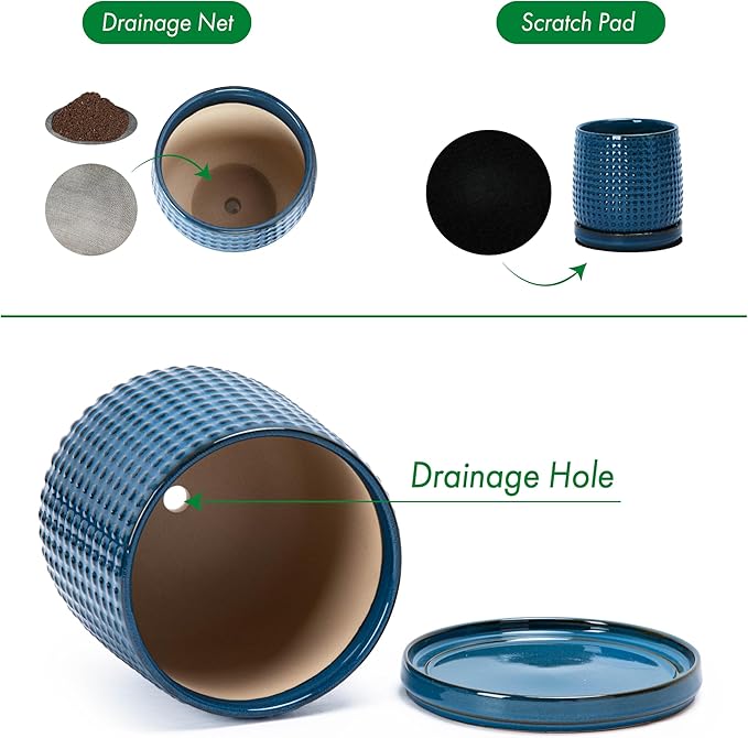 D'vine Dev Set of 2 Ceramic Plants Pots, 4 Inch Beaded Stoneware Flower Pot for Plants with Drainage Hole and Saucer, Midnight Blue, 27-E-Z-3