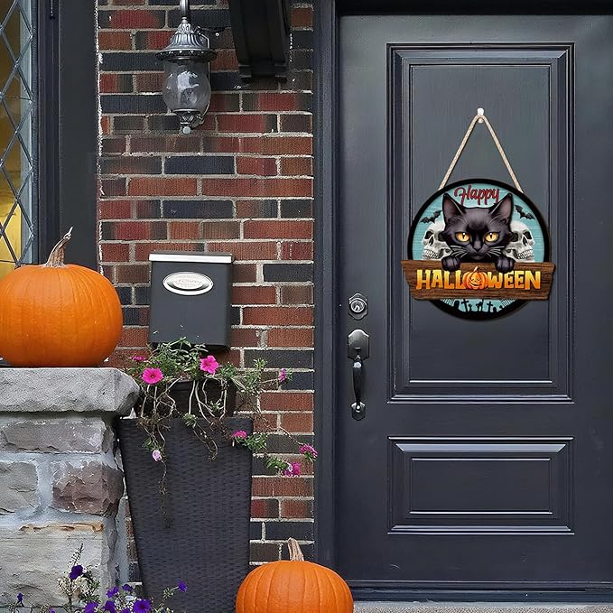 3D Happy Halloween Sign,Halloween Black Cat Door Decor,Black Cats Wall Decor,Skeleton Wall Sign,Tombstone Skull Door Hanger,Ghost Bat Pumpkin Wood Decor for Home Yard Porch Office Party Outdoor