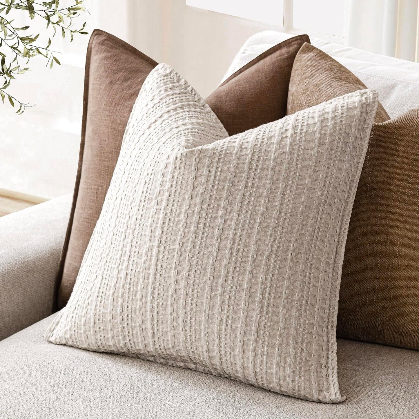 Foindtower Set of 2 Decorative Cotton Waffle Weave Throw Pillow Covers Euro Shams Cushion Covers Accent European Pillowcase for Bed Couch Sofa Bedroom Living Room Home Decor 22×22 Inch Oatmeal