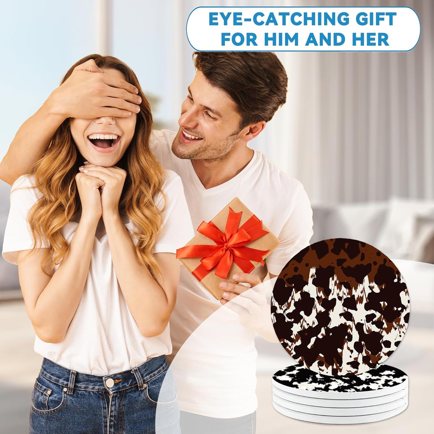 Drinks Coasters Set of 4, Cow Print Round 4" Cup Coasters, Absorbent Ceramic Stone Coasters with Cork Base, Cute Coasters for Table Home Décor, Ideal Gifts for Women Men