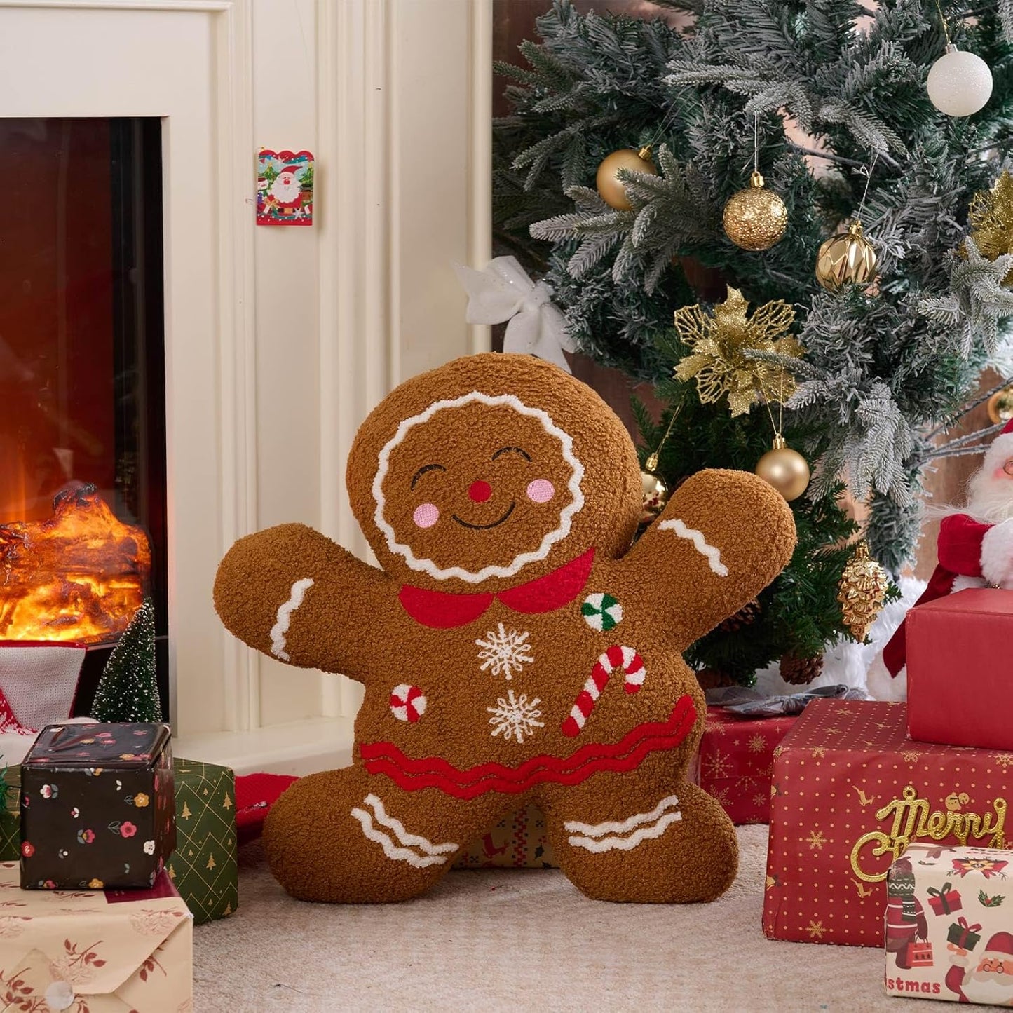 Lanpn Christmas Gingerbread Girl Pillow, Christmas Decoration Winter Throw Pillows Soft Fleece Sherpa Cute 3D Shaped Ginger Bread Lady Throw Cushion for Sofa Bedroom Xmas Decor (18x19 inch)