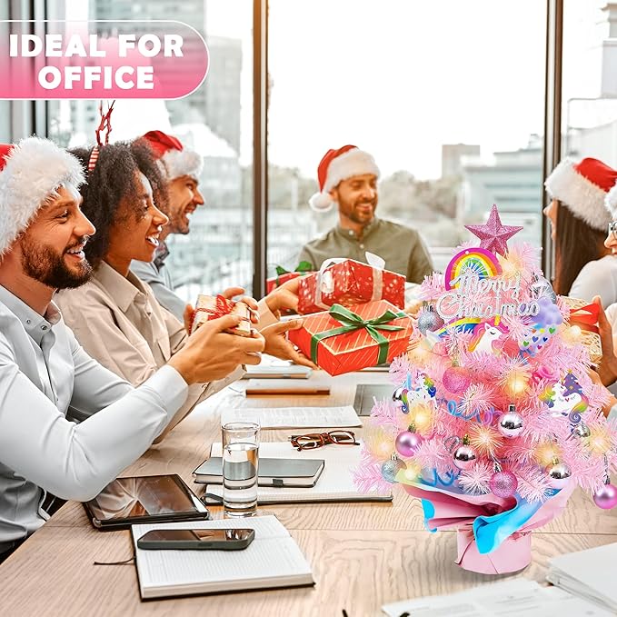 2FT Pink Mini Christmas Tree with Unicorn Theme - 24 Inch Tabletop Artificial Tree with Warm LED Lights, Star Topper, DIY Ornaments, Small Xmas Tree Holiday Decoration for Kids, Family, Home, Office