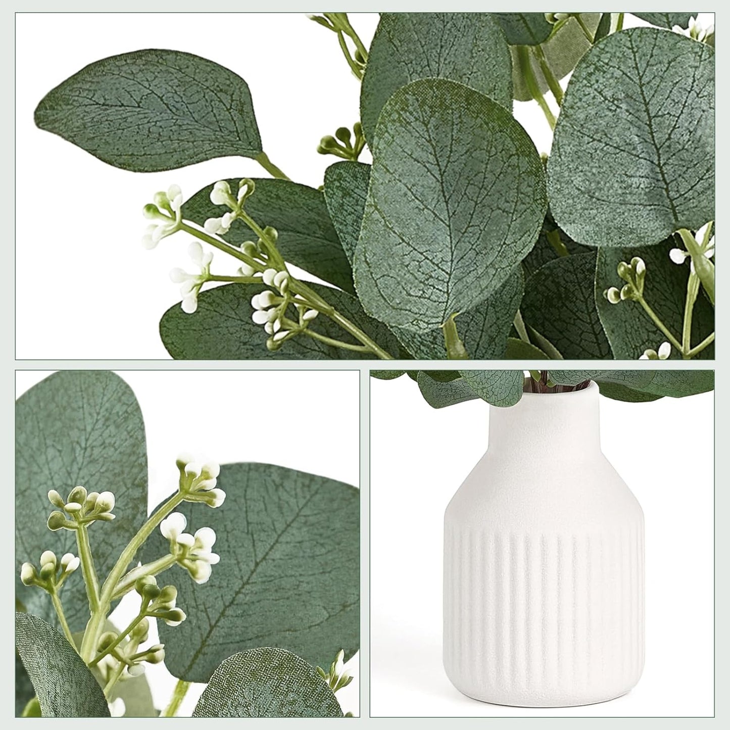 Dahey Artificial Eucalyptus Stems in Small Ceramic Vase Centerpiece Table Decorations Modern Farmhouse Decor Fake Eucalyptus Plants with Vase for Bathroom Kitchen Shelf Living Room Home Decor, White