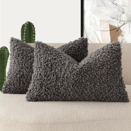 Foindtower Set of 2 Curly Teddy Wool Pillow Covers Decorative Boucle Textured Lumbar Throw Pillow Faux Fur Sherpa Pillowcases Sheepskin Fuzzy Cushion Case for Sofa Bedroom Car 12"x20" Dark Gray