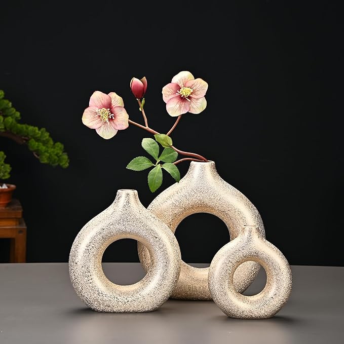 Set of 2 Donut Hollow Ceramic Vase Handmade Minimalist Boho ins Style, Modern Vase for Home Decor for Wedding Dinner Table Party Living Room Office Bedroom (Gold, Large + Small)