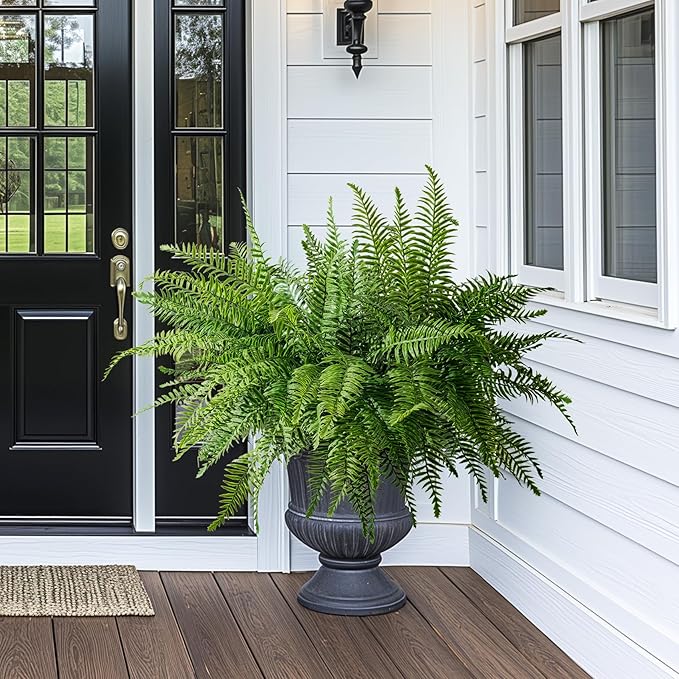 4PCS Artificial Boston Fern Fake Ferns Hanging Plant UV Resistant Inoor Outdoor Faux Shrubs 20Inch Large Faux Ferns Greenery Stems for Home Office Garden Decoration