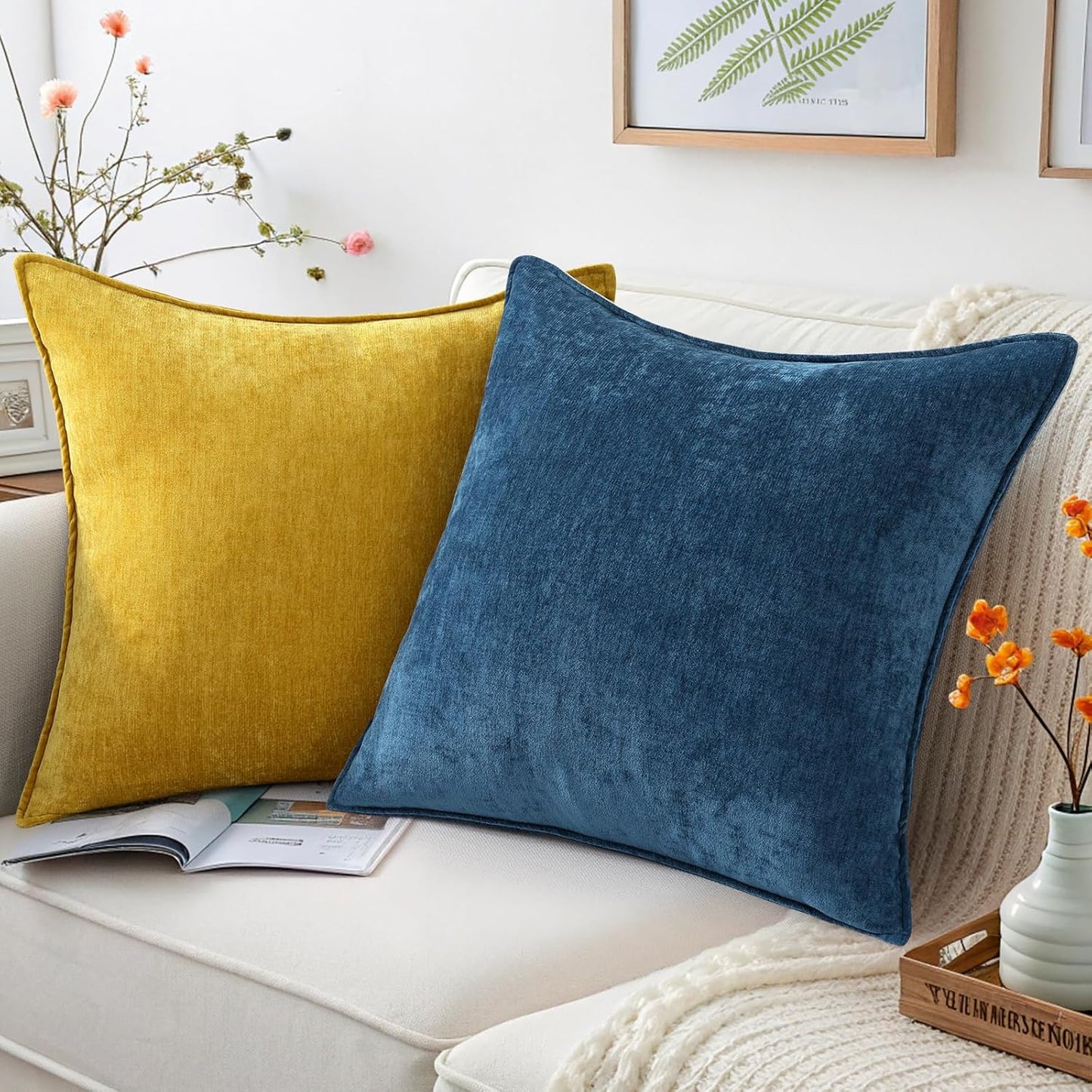 decorUhome Couch Throw Pillow Covers 20x20 Set of 2, Decorative Soft Euro Neutral Chenille Pillow Covers with Elegant Design for Sofa Bed Living Room Home Decor, Poseidon