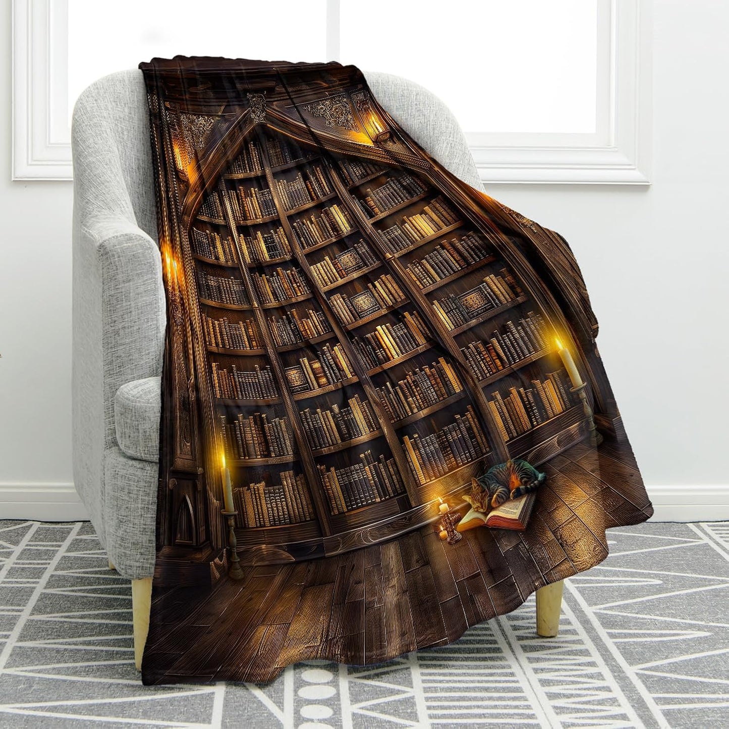 Jekeno Vintage Books Cat Bookshelf Blanket Gifts for Women Men Kids Girls Boys Husband Dad Halloween Birthday Christmas Library Bookcase Candle Decor Bedroom Study Classroom Living Room Throw 60"x80"