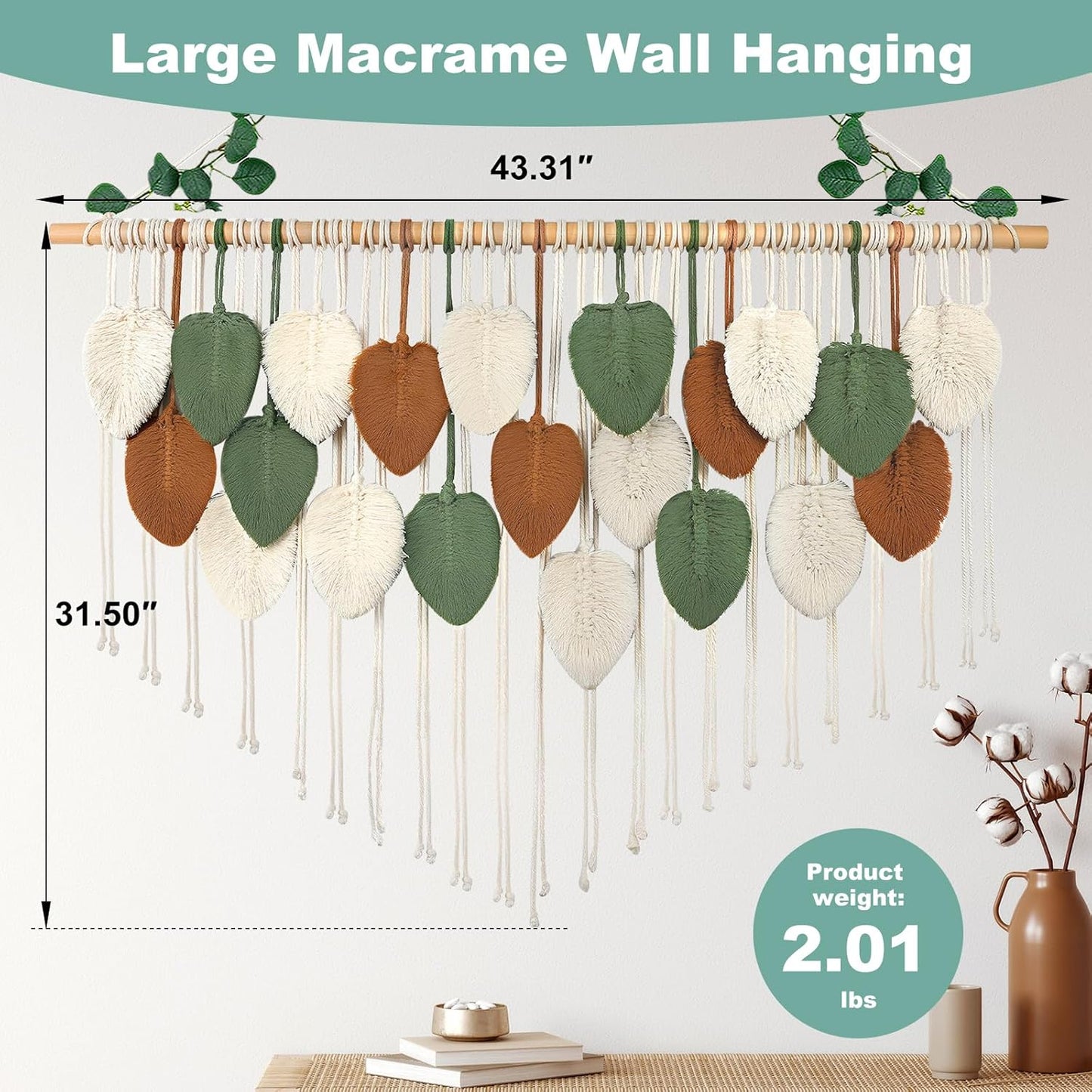 Gliterra Large Macrame Wall Hanging Handmade Boho Tapestry 43"x32" - Wall Art Decor for Living Room, Bedroom, Wedding (Brown)