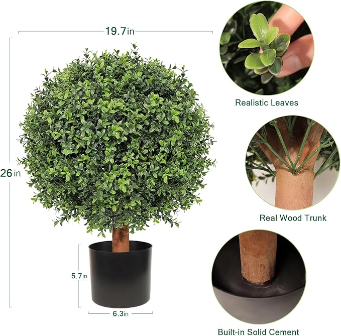 26 Inch Artificial Topiary Boxwood Ball Trees Outdoor – Set of 2 UV Resistant Faux Boxwood Topiary, Fake Potted Shrubs Evergreen for Front Door Porch Patio Balcony Home Decoration
