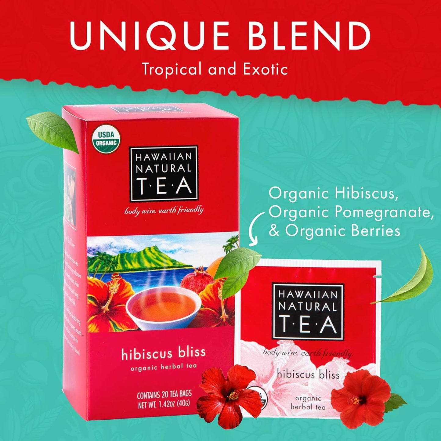Hawaiian Natural Tea - Organic Hibiscus Bliss Herbal Tea, Caffeine-Free Hibiscus, All-Natural and Antioxidant-Rich Wellness Tea, Vegan and Keto-Friendly, 20 Bags
