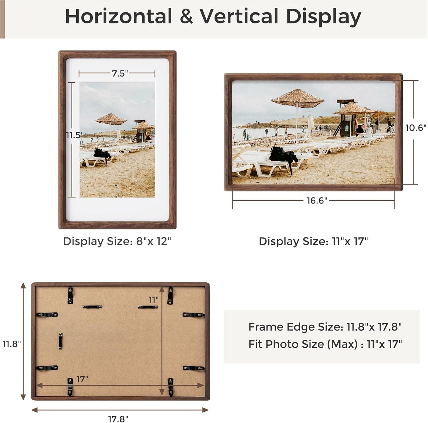 Heimlove 11x17 Picture Frames Natural Walnut,Original Wood Hand Make Crafted Diploma Frame with Mat to 8x12 Graduation Picture Display,Family Picture,Wedding Picture,Photo,Certificate Wall Mounted