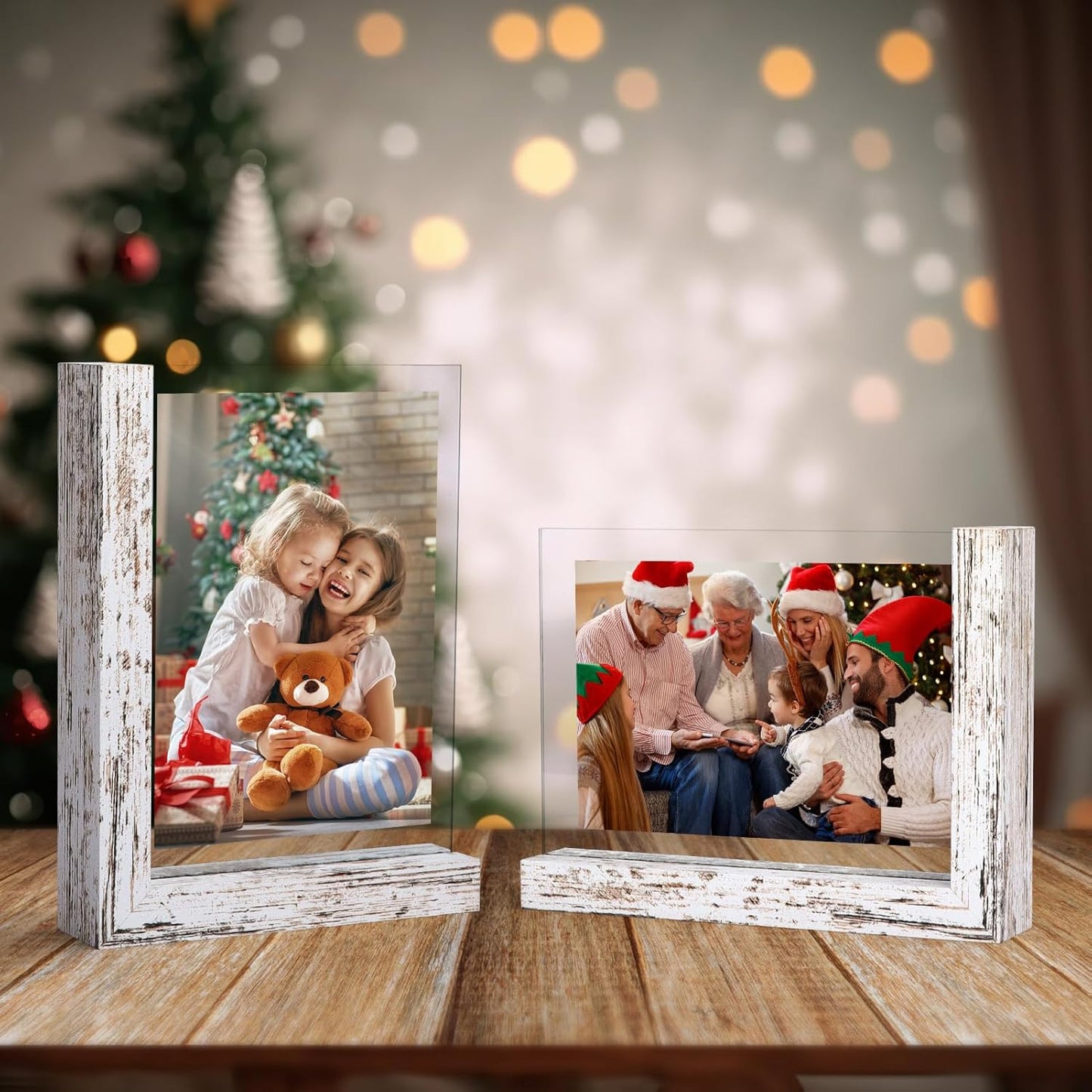 Lavezee 5x7 Picture Frames Set of 2, Double Sided Frame with Distressed White L Shaped Horizontal Vertical Holder Stand for 5 by 7 Photo Art, Desktop or Tabletop Decor