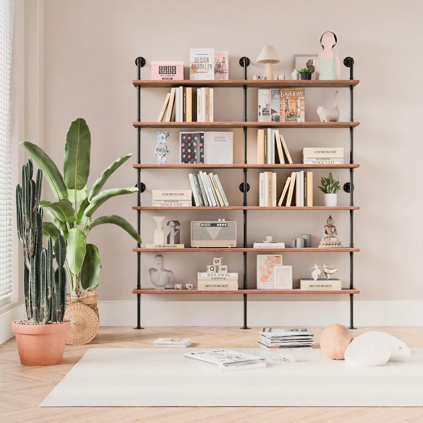 Industrial Ladder Shelf Bookcase, Wall Mounted Rustic Bookshelf, Retro Wood Metal Pipe Industrial Shelves for Living Room(Weathered Brown, 6 Tier - 10" D x 70" W x 82.5" H)