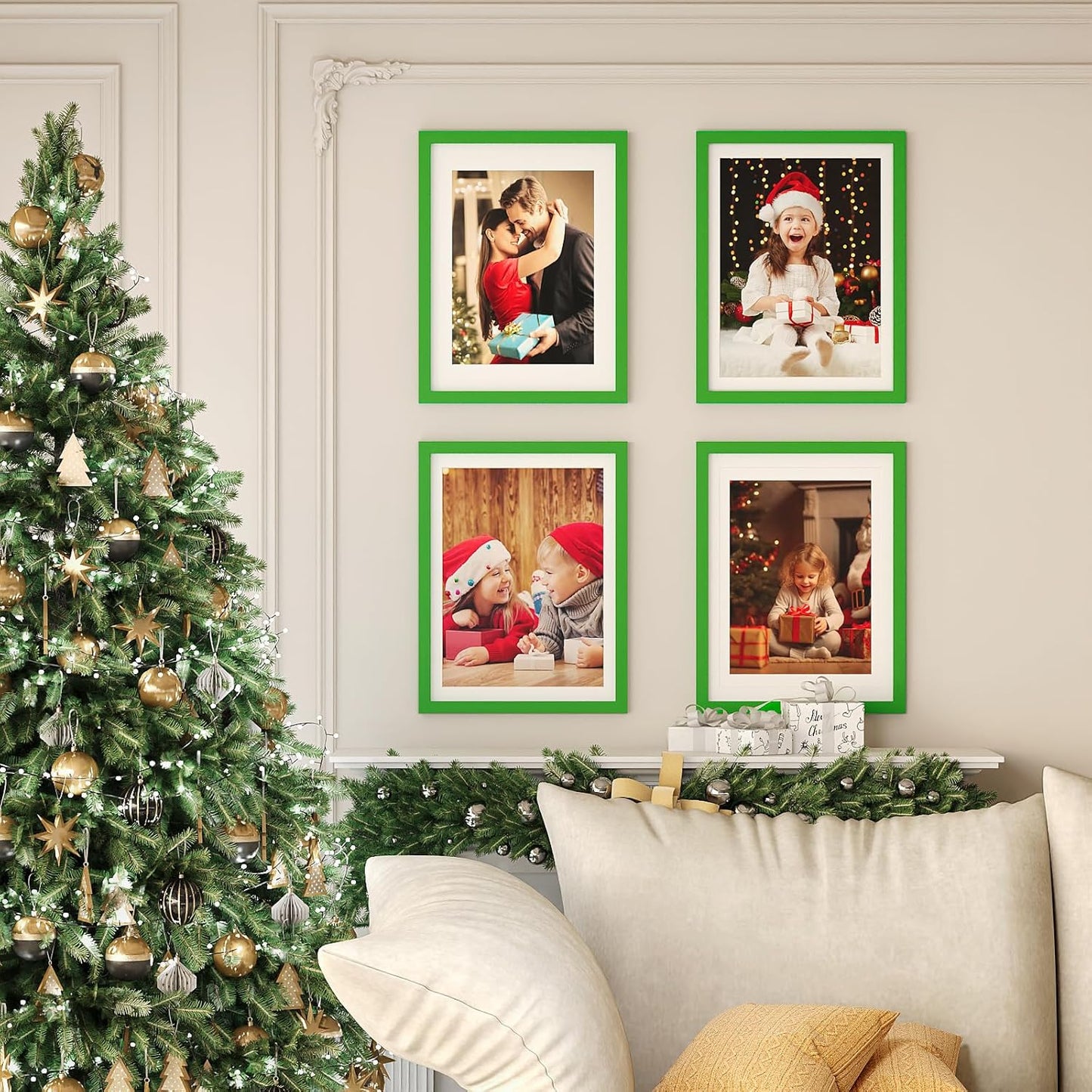 KINLINK 12x16 Picture Frame Grass Green, Solid Wood Frames with Acrylic Plexiglass for Pictures 11x14/9x12 with Mat or 12x16 without Mat, Wall Display Photo Frame, 4 Pack