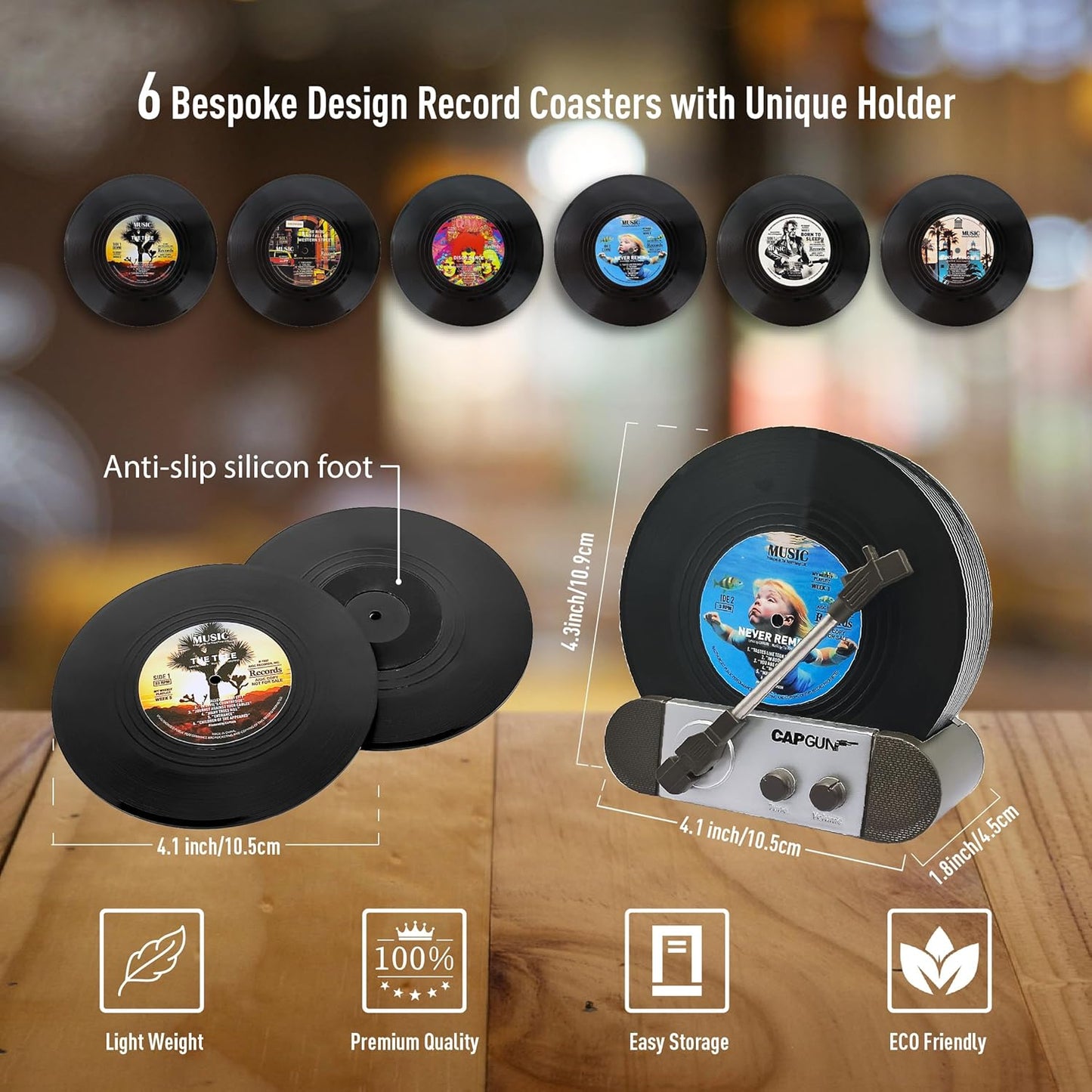 Funny Retro Record Coasters with Vinyl Player, Set of 6 pcs Music Saying Drink Coasters, Bars, Party, Birthday, Housewarming Hostess, White Elephant Gifts Ideas, Funny Gifts for Music Lover