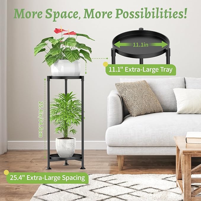KMOTASUO 2 Tier Plant Stand Indoor for Large Tall Heavy Duty Planter, Multiple Sturdy Metal Flower Corner Rack for Narrow House Floor, Iron Vertical Level Round Orchi Holder Organizer, Black
