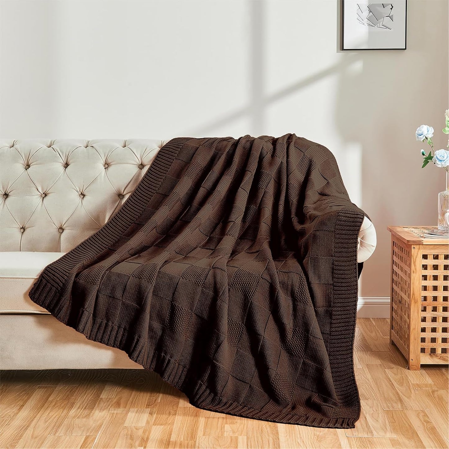 CozeCube Check Knit Throw Blanket, Dark Brown Checkered Throw for Couch, Decorative Christmas Soft Cozy Warm Knitted Blanket for Bed Sofa Living Room, 50"X60"