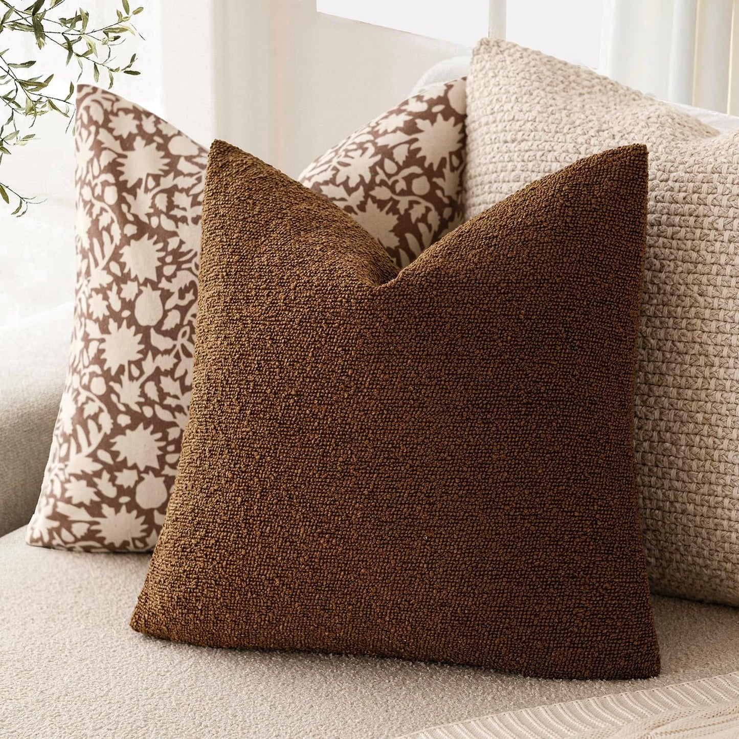 Foindtower Set of 2, Decorative Textured Boucle Throw Pillow Covers Accent Solid Pillow Cases Neutral Soft Cozy Couch Cushion Case for Chair Sofa Bedroom Living Room Home Decor 24x24 Inch Hazel Brown
