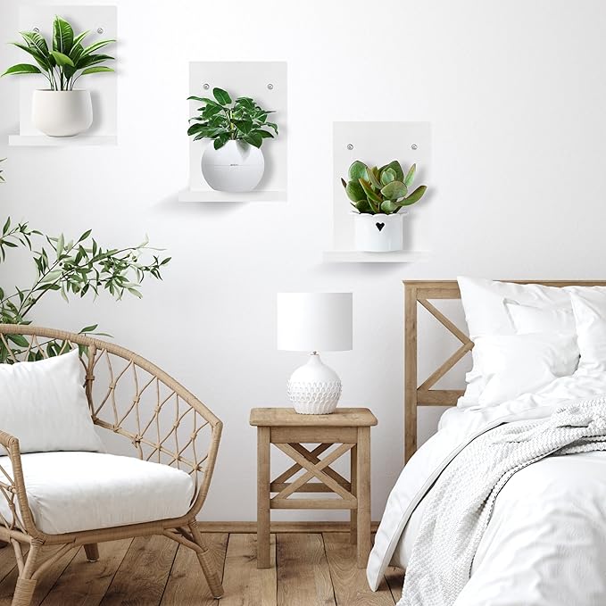 Small Wall Shelf,L-Shaped Small Floating Shelves for Plants Speaker Table Lamp Display,Wooden Ledges Indoor Modern Midcentury Decorative for Gallery Living Room Bedroom Porch,Pine,2 Pack(White)