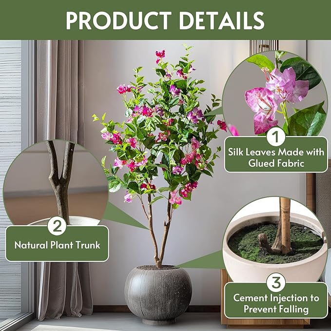 5FT Artificial Bougainvillea Tree Artificial Tree Tall Potted Fake Bougainvillea Trees for Outdoor Indoor Lifelike Potted Faux Plants with Wood Trunk and Flowers Office Wedding Home Decor
