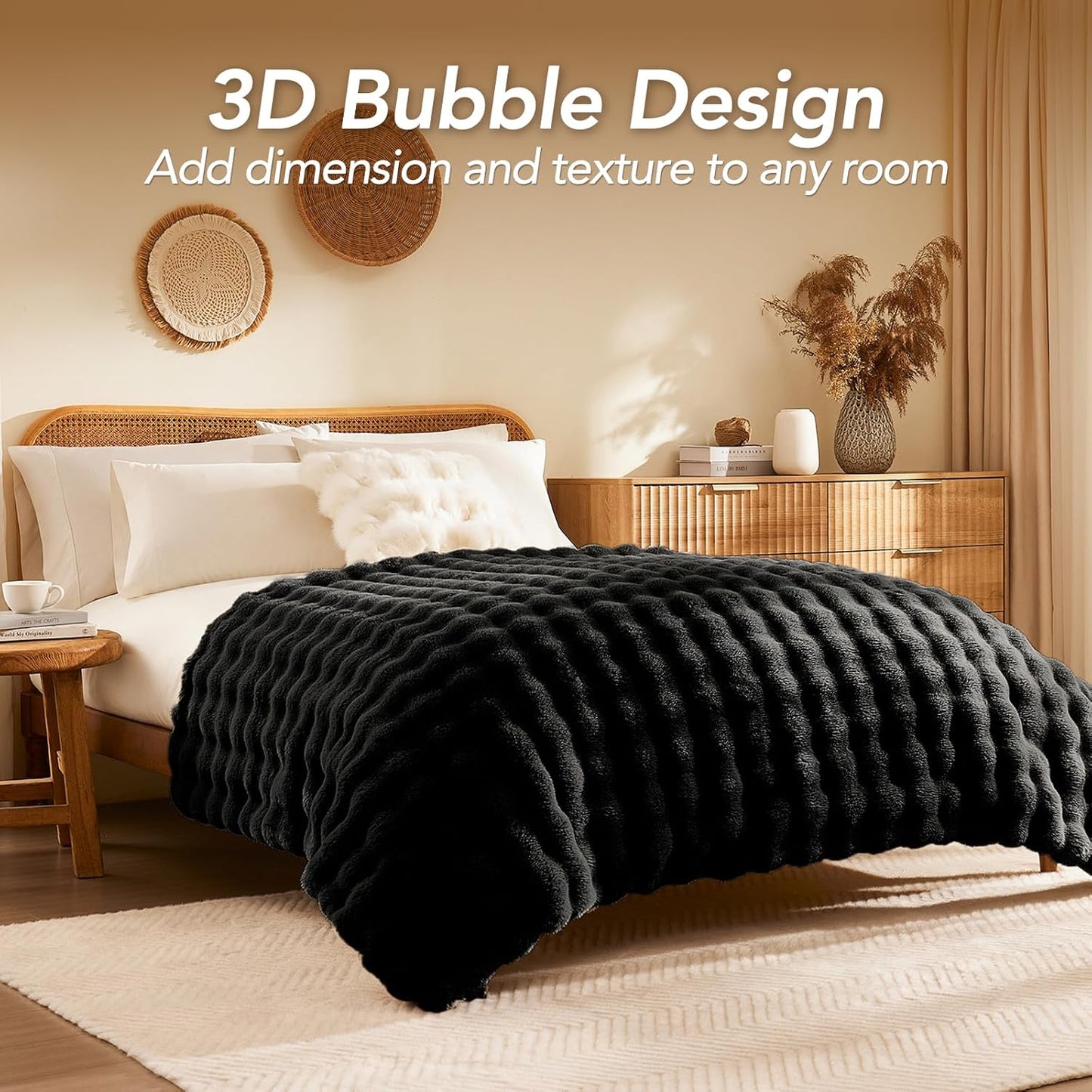 L'AGRATY Faux Rabbit Fur Blanket: 50" x 60" Luxury Soft Fluffy Thick Fur Throw Blanket for Couch Bed Sofa - Cozy Plush Bubble Blankets for Winter: Warm Flannel Fleece Decorative Blanket(Black)