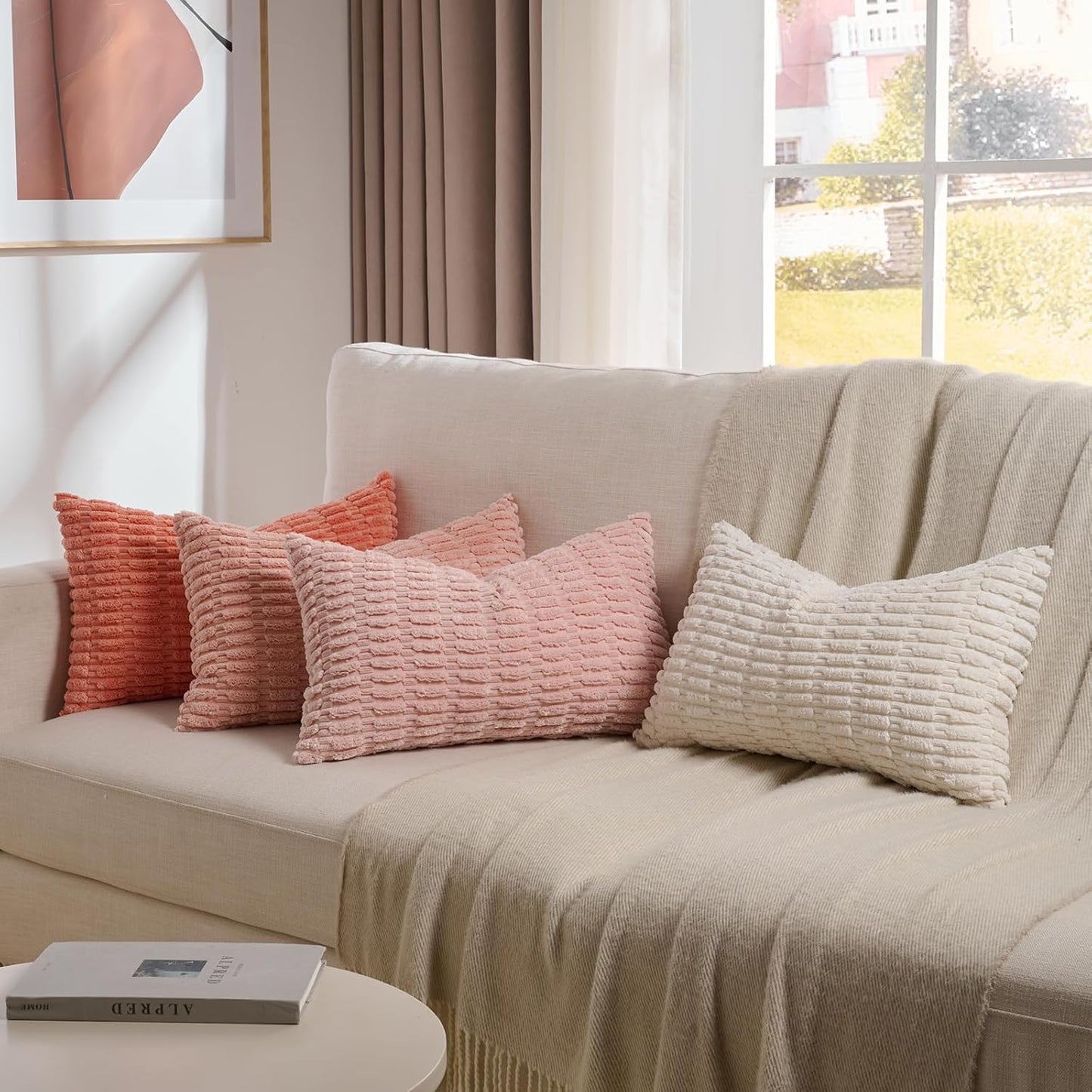 Fancy Homi 4 Packs Blush Pink Boho Lumbar Decorative Throw Pillow Covers 12x20 Inch for Couch Bed Sofa, Soft Striped Corduroy Rectangle Light Pink Coral Peach Cream Accent Cushion Case 30x50 cm