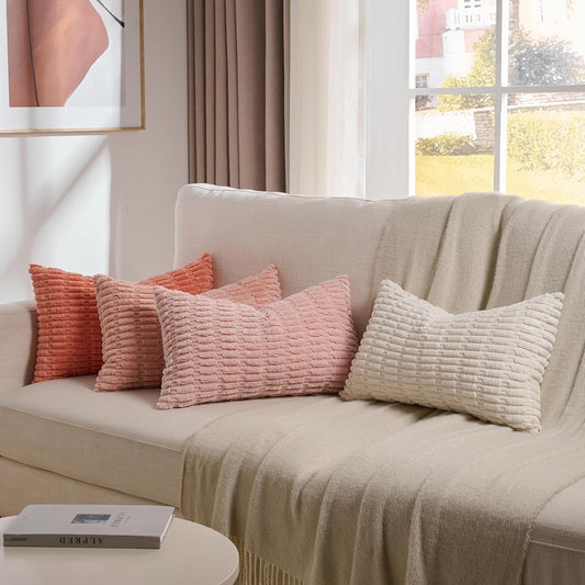 Fancy Homi 4 Packs Blush Pink Boho Lumbar Decorative Throw Pillow Covers 12x20 Inch for Couch Bed Sofa, Soft Striped Corduroy Rectangle Light Pink Coral Peach Cream Accent Cushion Case 30x50 cm
