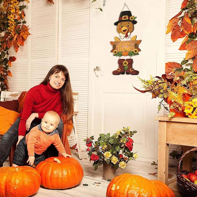 Turkey Door Decor,Hello Fall Door Sign,Thanksgiving Day Sign,Autumn Wall Decor Give Thanks,Turkey Harvest Thanksgiving Door Decoration for Porch Farmhouse Outdoor Home Indoor Yard Office Party