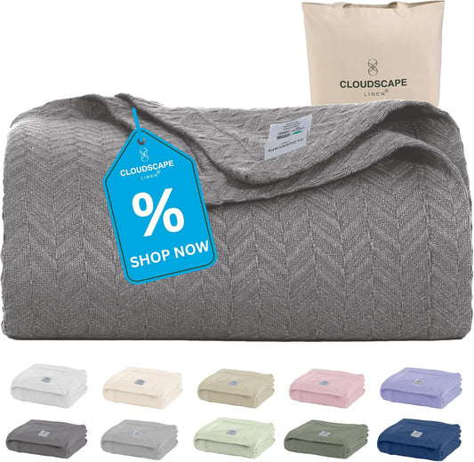 Cloud Scape Linen 100% Cotton Blanket King Size for Bed – Lightweight All Season Blanket, Herringbone Weave, for Women, Mom, Men, fits California King, 92x108, Dark Grey