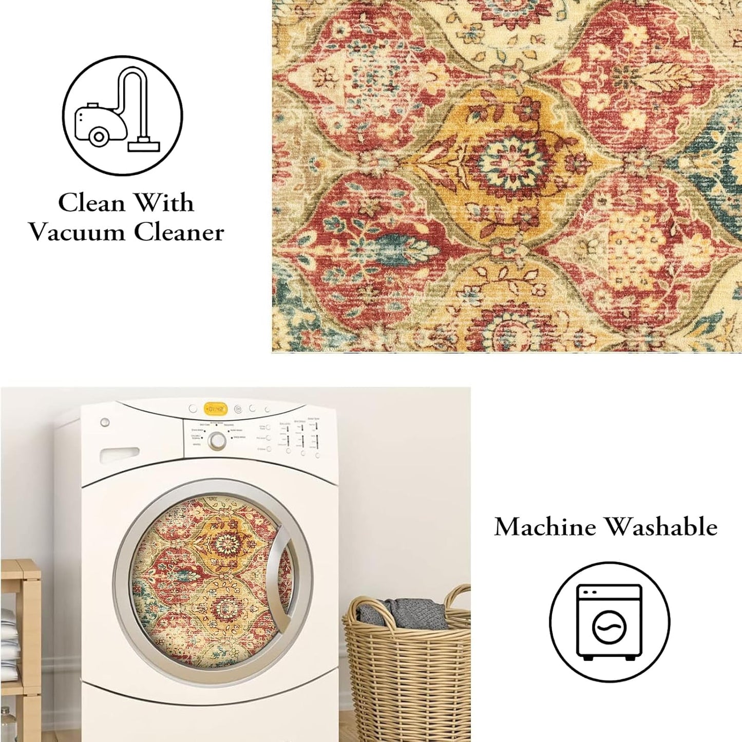 Lahome Moroccan Trellis Washable Round Area Rug, Round Rug 5ft Soft Non-Slip, Non-Shedding Distressed Circle Carpet for Bedroom Living Room Bathroom Nursery Kitchen, Red/Orange