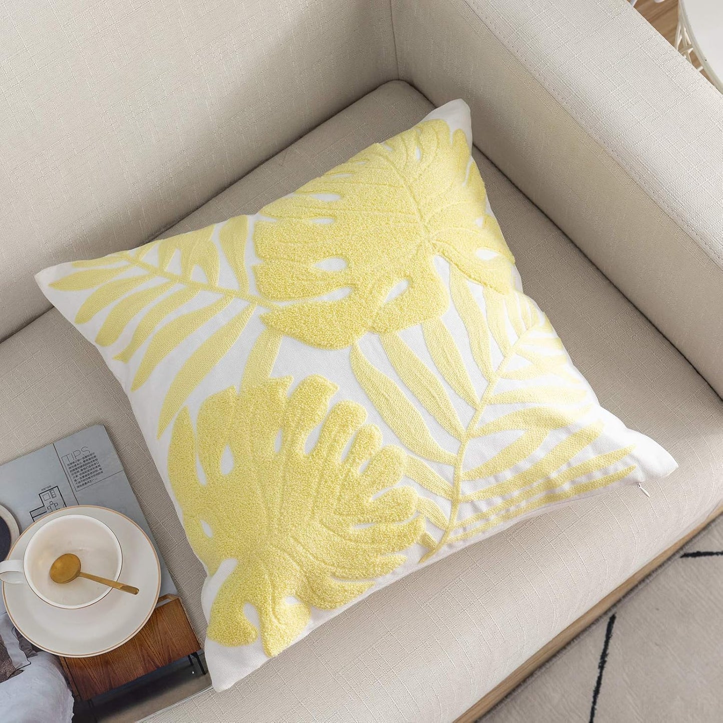 Embroidery Throw Pillow Covers 18x18 Floor Pillow Cover for Couch Bed Room Chair 100% Cotton Loop Embroidered Light Yellow Tropical Leaves Cushion Cover Square Pillow Case 45x45cm, 1 Piece