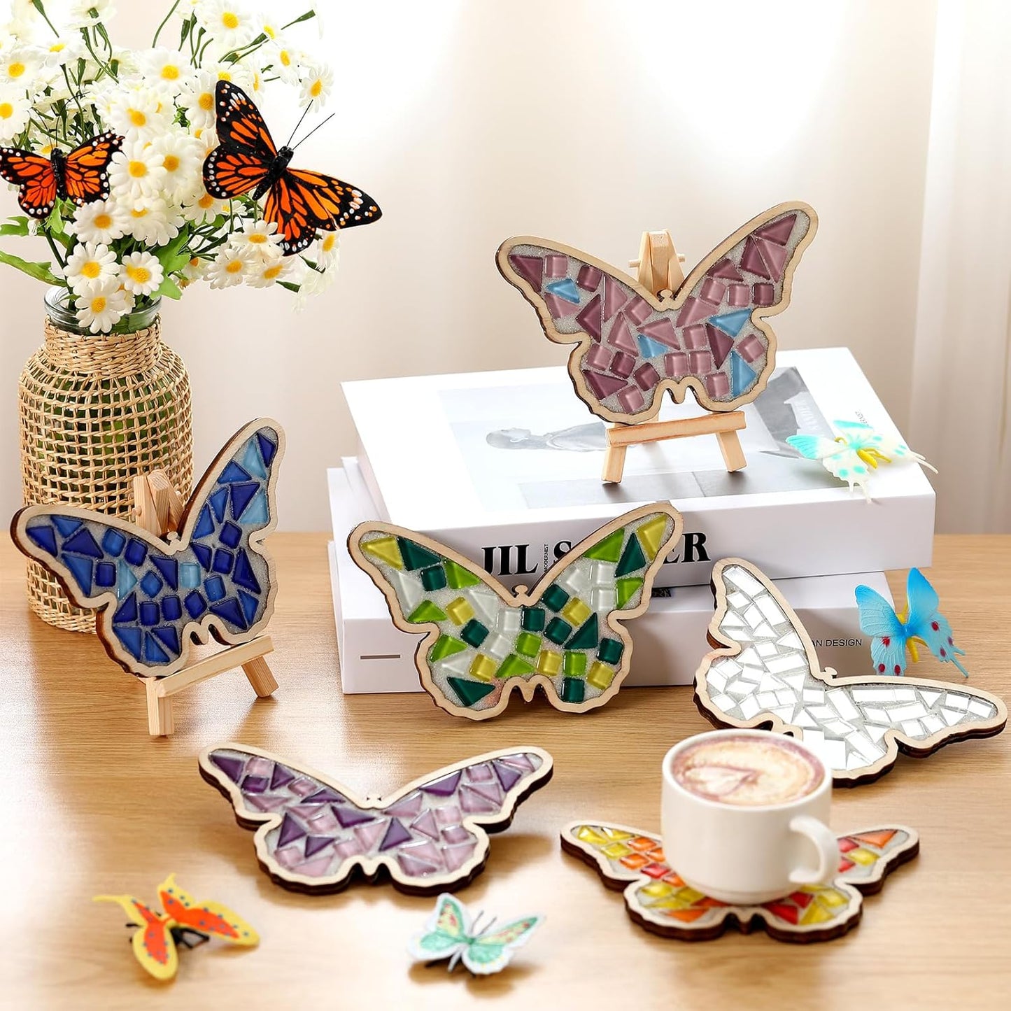 Honeydak 6 Sets DIY Glass Mosaic Tiles for Crafts with Butterfly Wooden Coasters for Adults Mixed Color Mosaic Crafts Materials Package for Coaster Stained Glass Kit for Handmade Home Decor Gifts