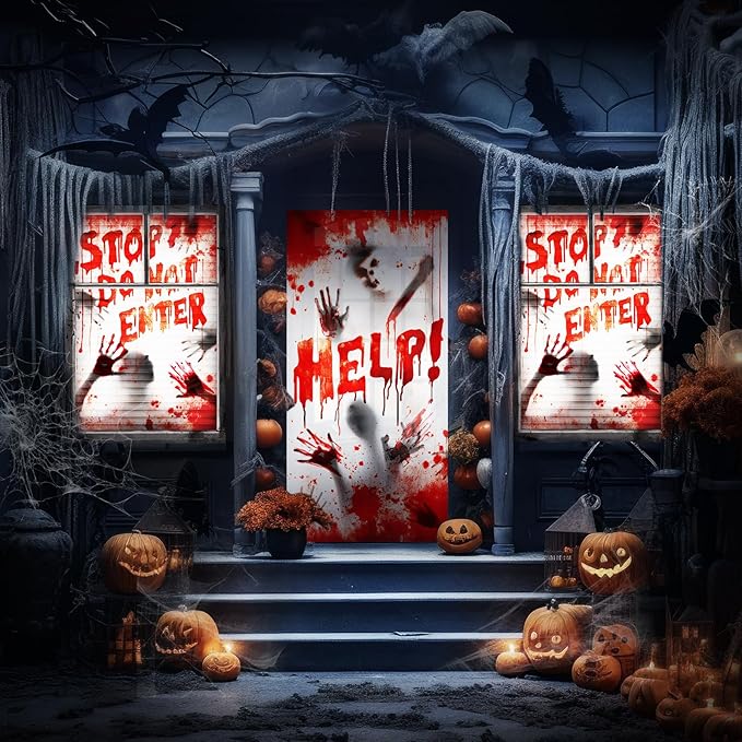 Tioncy 3 Pcs Halloween Window Door Covers Decorations Set Scary Halloween Haunted Window Curtains Zombie Hands Pattern Banner Porch Indoor Outdoor Decoration