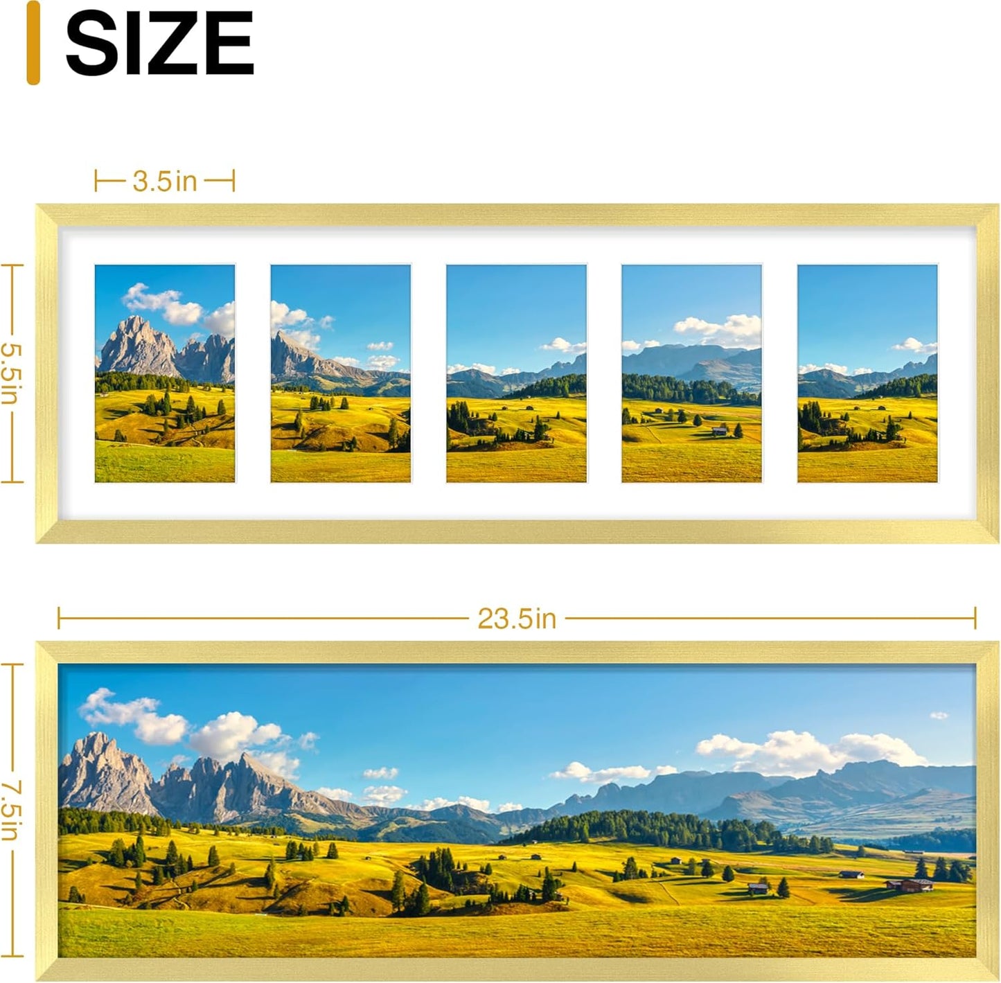 decorUhome 8x24 Picture Frames Collage Wall Decor, Display 5Pcs 4x6 Photos with Mat or 1Pcs 8x24 Unmatted, 5 4x6 Collage Picture Frames for Wall Mounting, Gold