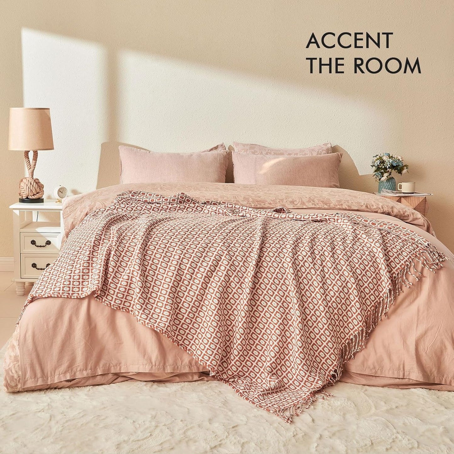 lifein Throw Blanket for Couch - Boho Throw Blanket, Knit Woven Blanket, Soft Decorative Blankets&Throws with Tassels for Bed,Sofa,Chair,Home Decor(50x60in,Rust)