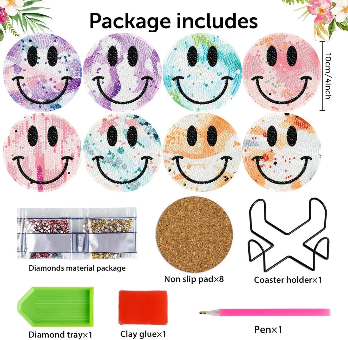 Meothan 8 Pcs Diamond Art Coasters Kits for Adults with Holder Cork Pads, Smile Face Diamond Dots Art Painting Coasters Crafts Kit for Home Office Decor (4x4in)
