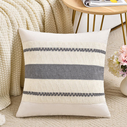 Fancy Homi Set of 1 Neutral Grey Farmhouse Decorative Throw Pillow Covers 18x18 Inch for Couch Bed Chair Indoors, Vintage Country Rustic Retro Room Decor, Soft Thick Cotton Handmade Woven Cushion Case