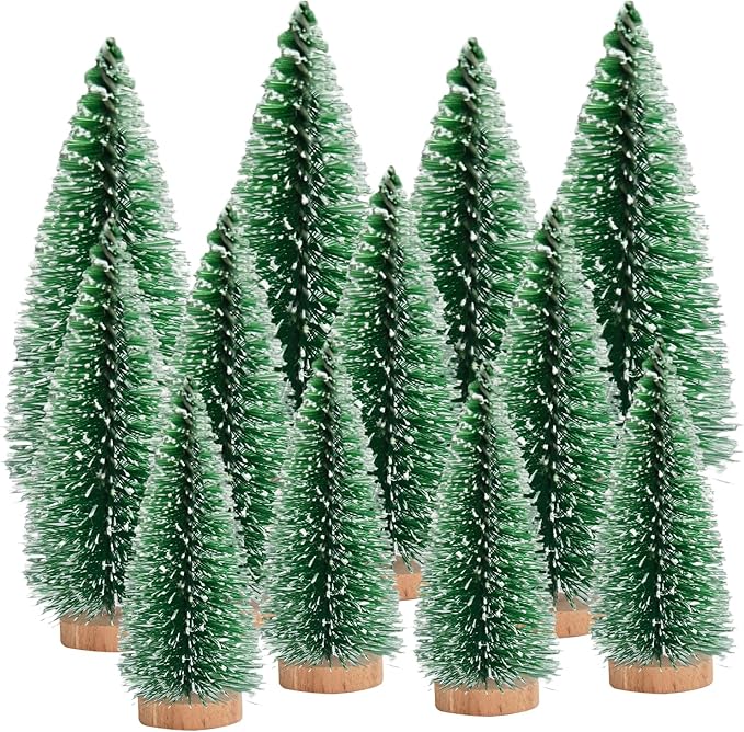 12 Pcs Mini Christmas Tree, Tabletop Christmas Tree with Wooden Bases Artificial Mini Trees with 3 Sizes Christmas Table Decor Bottle Brush Trees for Christmas Decorations (Green Snow)