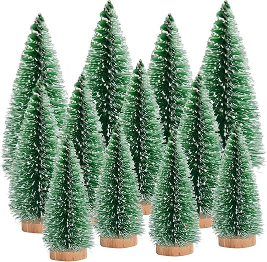 12 Pcs Mini Christmas Tree, Tabletop Christmas Tree with Wooden Bases Artificial Mini Trees with 3 Sizes Christmas Table Decor Bottle Brush Trees for Christmas Decorations (Green Snow)