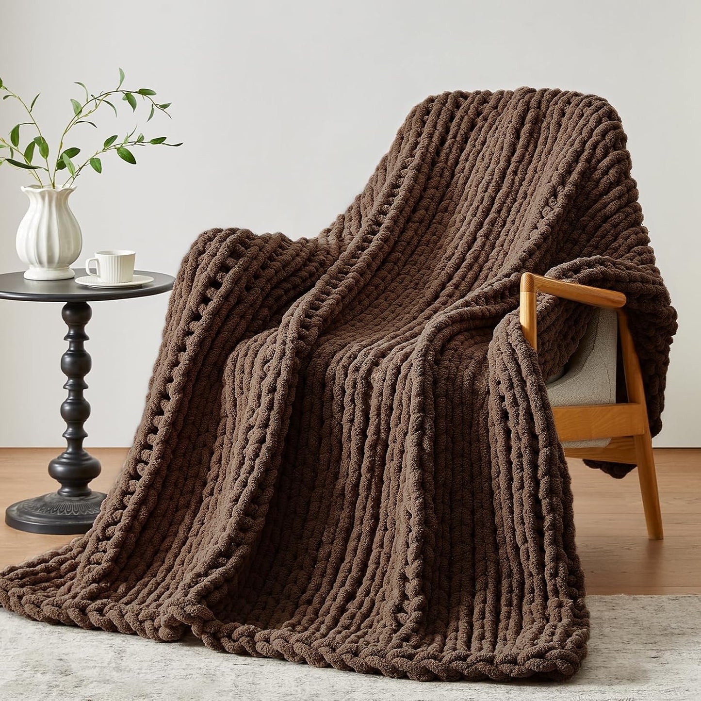 Chunky Knit Throw Blanket, 60''*80'' Knitted Throw Chenille Yarn for Bed Couch, Handmade Dark Brown Crochet Big Thick Blanket, Machine Washable Cute Comfy Blanket for Home Decor