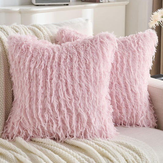 FUTEI Pink Decorative Throw Pillow Covers 18x18 Inch Set of 2,Soft Fluffy Faux Feather Texture Cushion Cases,Modern Home Luxury Decor for Couch Bed Living Room