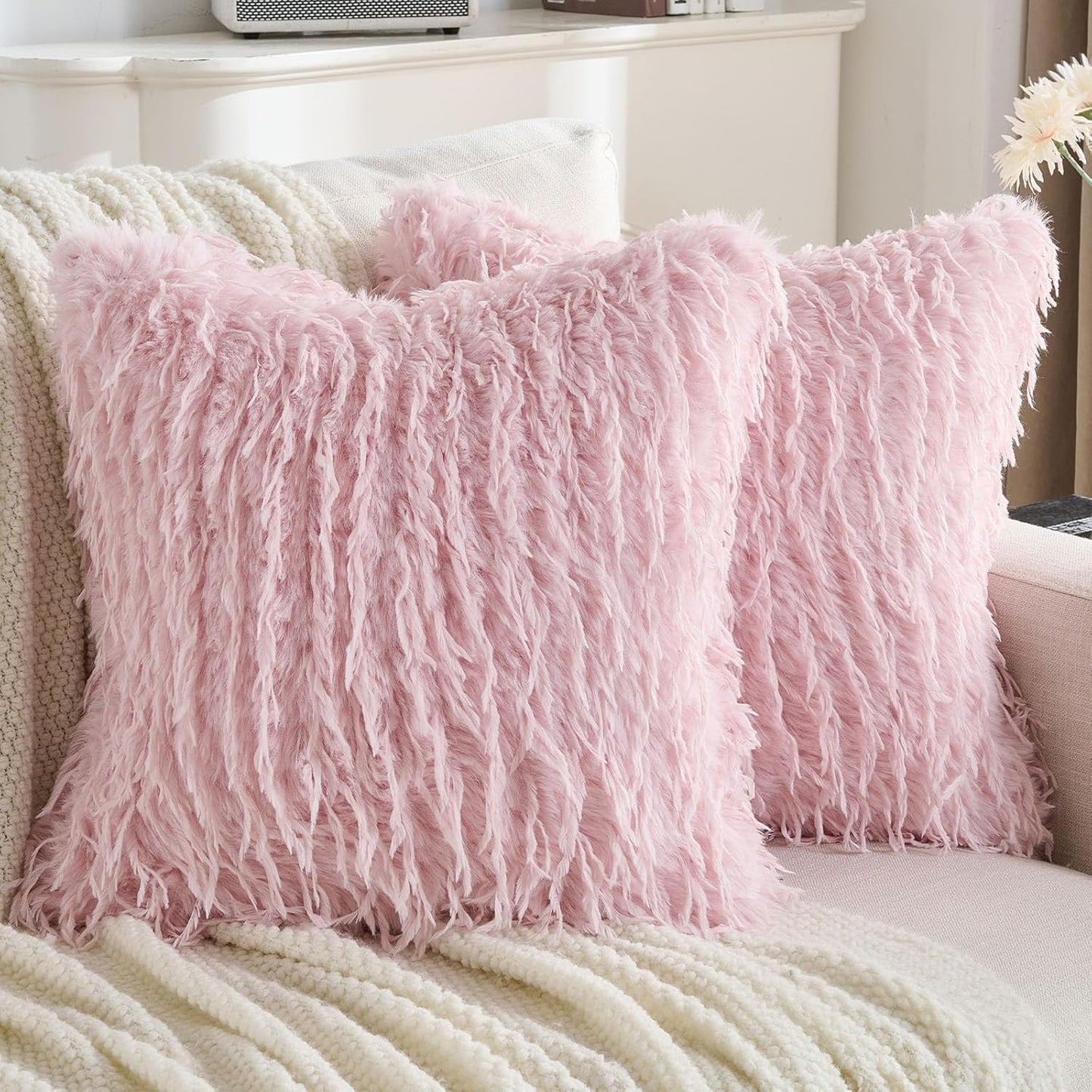 FUTEI Pink Decorative Throw Pillow Covers 26x26 Inch Set of 2,Soft Fluffy Faux Feather Texture Euro Pillow Shams,Modern Home Luxury Decor for Couch Bed Living Room