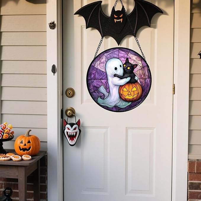 Stained Glass Window Hanging - Halloween Decorations Ghost Black Cat Pumpkin Suncatcher for Door Garden Spooky Purple Sun Catchers Gothic Decor Horror Gifts for Women Men Friend Boy 11.8 in