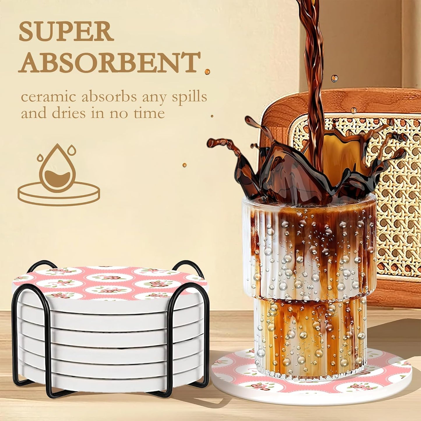 Drink Coasters,6 Pcs Shabby Chic Flower Coffee Cup Mat with Storage Holder, Durable Ceramic Coaster Set for Hot & Cold Beverages
